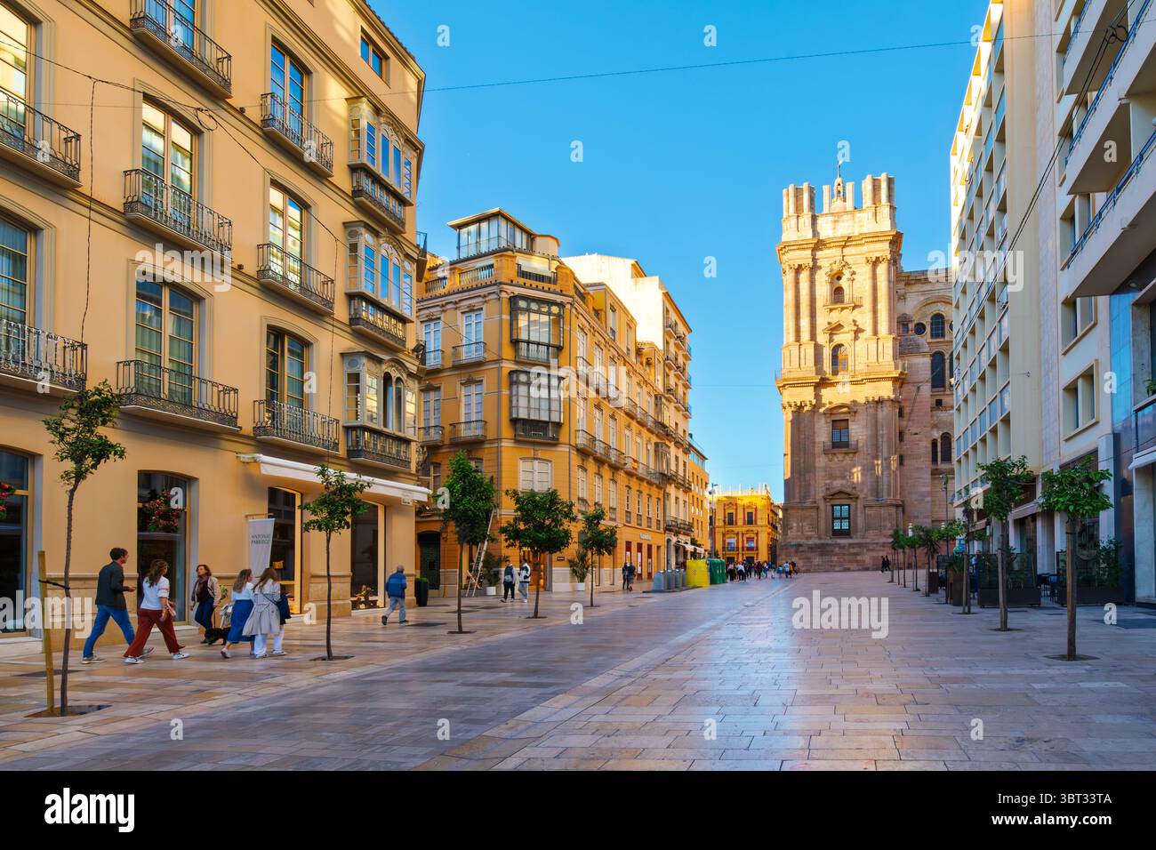 Vue sur la tour baroque de la cathédrale de Malaga, ou Catedral de la Encarnación de Málaga, dans le quartier historique centro storico de Malaga Espagne. Banque D'Images