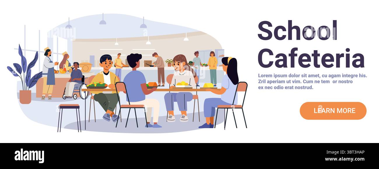 Les élèves de cafétéria de l'école mangeant le déjeuner divers enfants assis à des tables serveurs de nourriture en arrière-plan lumineux intérieur moderne bannière de site Web de cantine Illustration de Vecteur