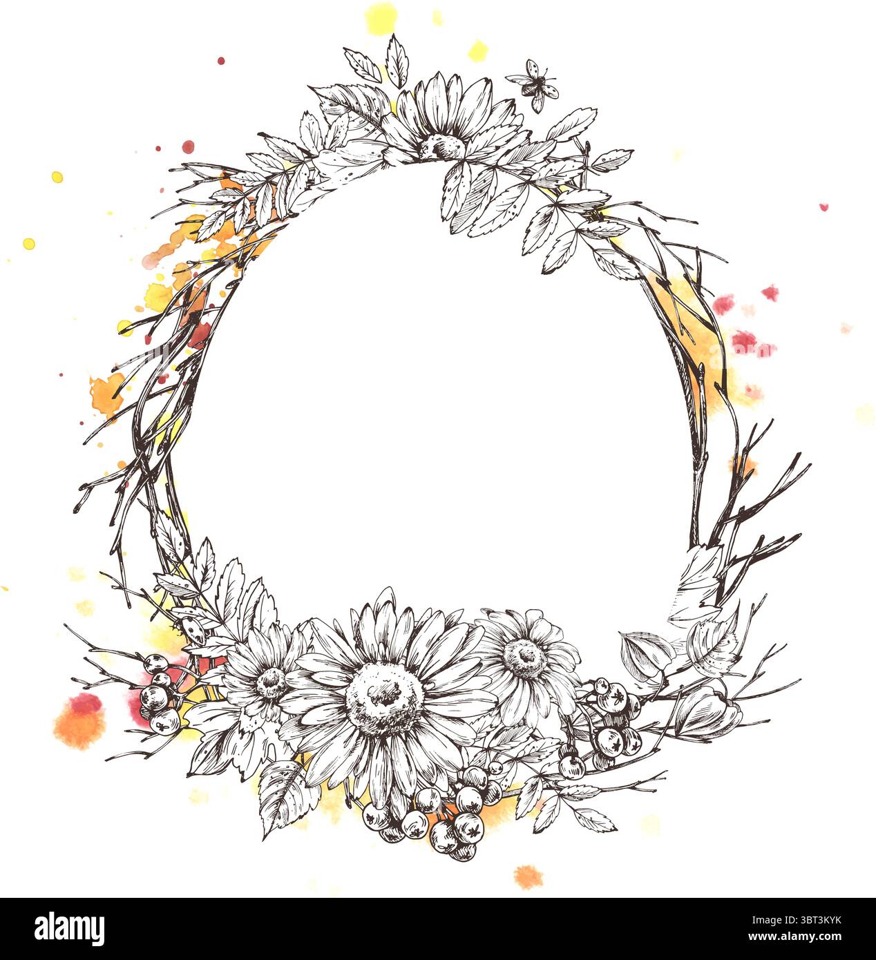 Couronne florale ovale élégante avec des éléments d'automne comme des fleurs et des feuilles dans un style d'illustration dessiné à la main, rehaussé d'éclaboussures d'encre et d'aquarelle Illustration de Vecteur