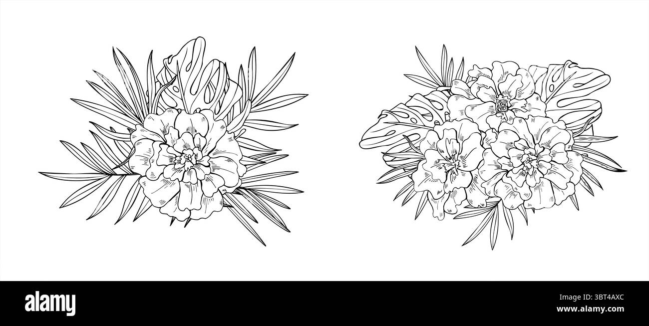 Marigold et feuilles tropicales bouquets monochrome vecteur set festivals mexicains. Illustration florale dans le style noir et blanc. Fleur, feuille de palmier Illustration de Vecteur