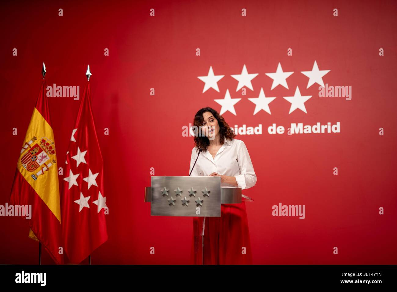 Madrid, Espagne. 14 juillet 2025. Isabel Díaz Ayuso, Présidente de la Communauté de Madrid, intervient lors d'une conférence de presse au siège de la Communauté à Puerta del sol. Crédit : D. Canales Carvajal/Alamy Live News Banque D'Images