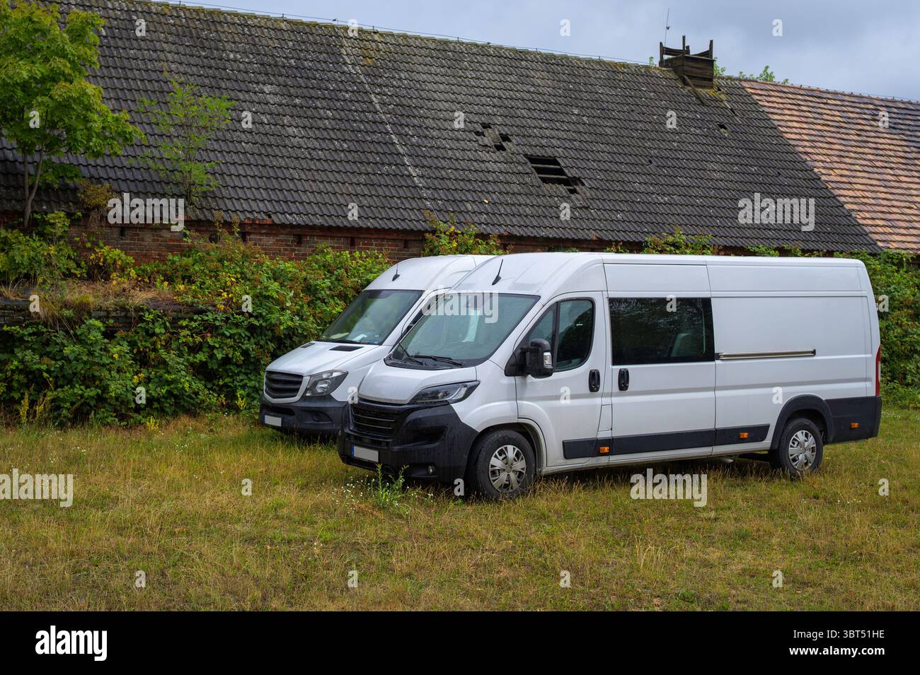 Deux camionnettes garées sur un pré Banque D'Images