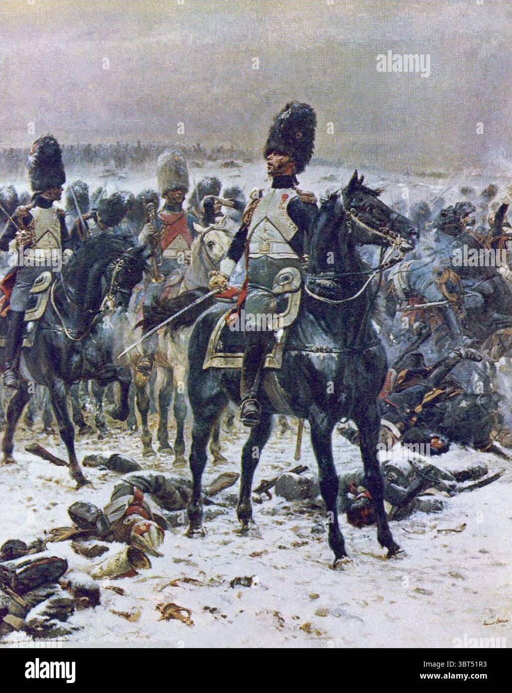 Grenadier cavalerie de la vieille Garde lors de la bataille d'Eylau par Édouard Detaille. 1893 peinture de Louis Lepic. La vieille garde (vieille garde) était une formation de la Garde impériale de l'armée impériale française. Composée exclusivement de vétérans, elle était la formation la plus prestigieuse de la Grande Armée de Napoléon. Les soldats français désignaient souvent la vieille garde de Napoléon comme « les Immortels ». Banque D'Images