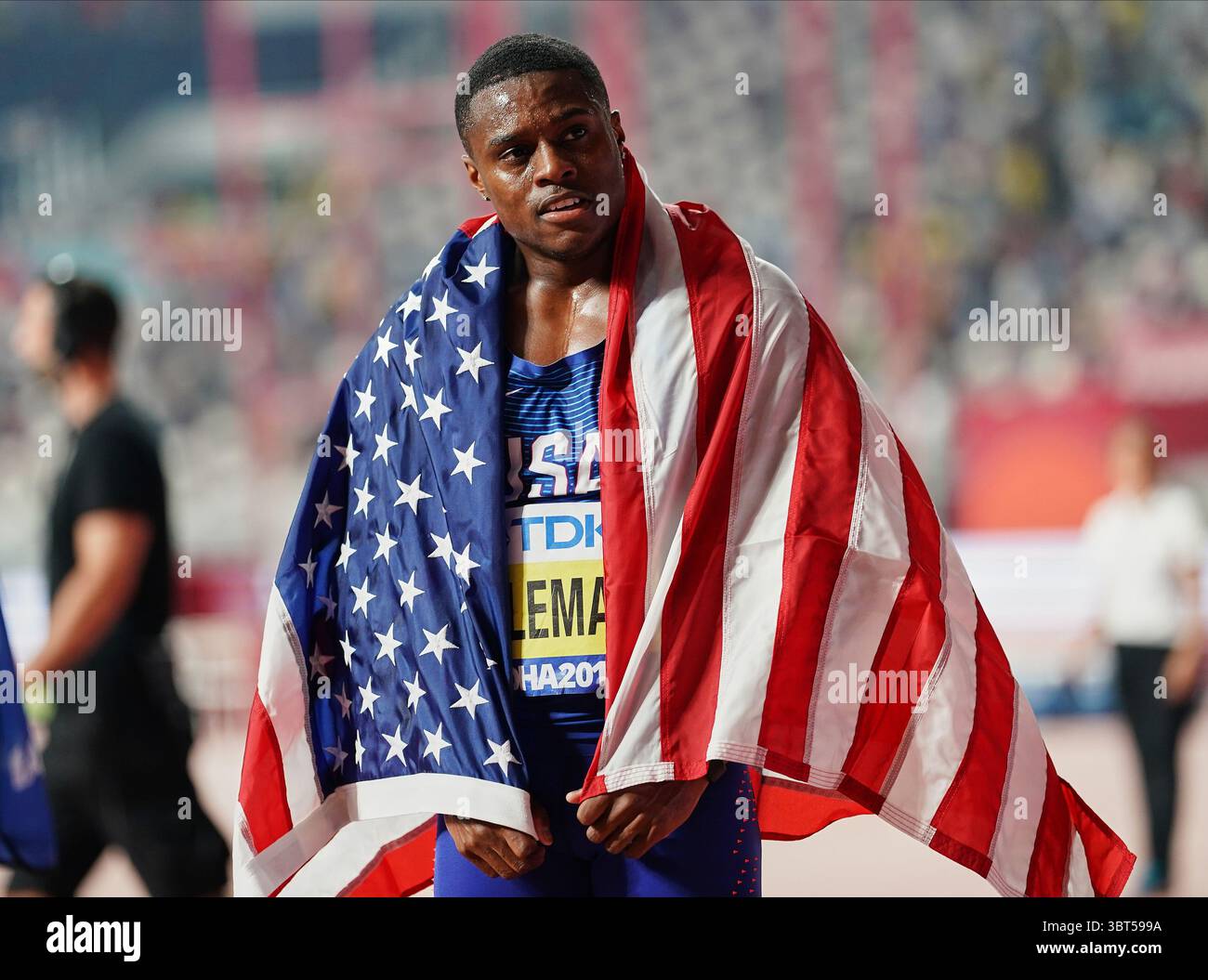 28 septembre 2019 : Christian Coleman des États-Unis après avoir remporté le 100 mètres masculin lors des 17e Championnats du monde d'athlétisme de l'IAAF au stade Khalifa à Doha, Qatar. Ulrik Pedersen/CSM.(image de crédit : © ; Ulrik Pedersen/CSM via ZUMA Wire) Banque D'Images