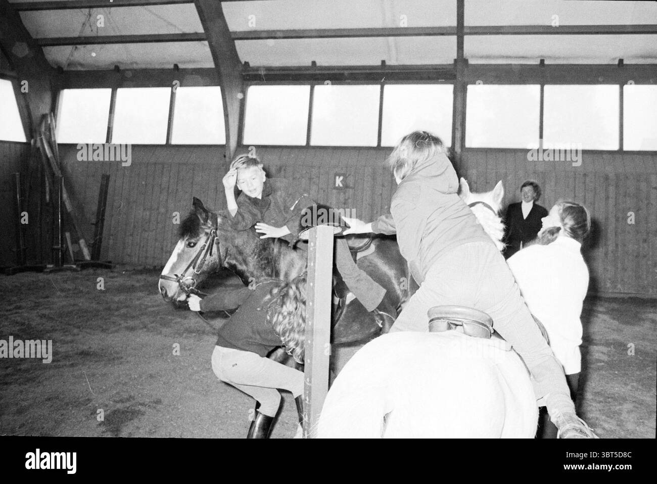 Festivités Spaarndam Overveen Rozenprieel Asiaweg jour de la Reine Haarlem Aziëweg pays-Bas, Whizgle News, Dutch Desk, pays-Bas, 1950 - 2000 le 30-04-1974. Ce sont les éléments de l'image. Dans une arène d'équitation intérieure spacieuse avec un haut plafond en bois, l'atmosphère est remplie d'excitation et d'énergie pendant qu'un groupe d'enfants interagit avec deux chevaux. Le cadre est chaleureux et accueillant, avec une lumière naturelle qui traverse de grandes fenêtres qui s'étendent le long d'un côté, projetant des ombres douces sur le sol sablonneux. Une fille dans un manteau foncé s'accroche au dos d'un petit cheval brun, son brillant Banque D'Images