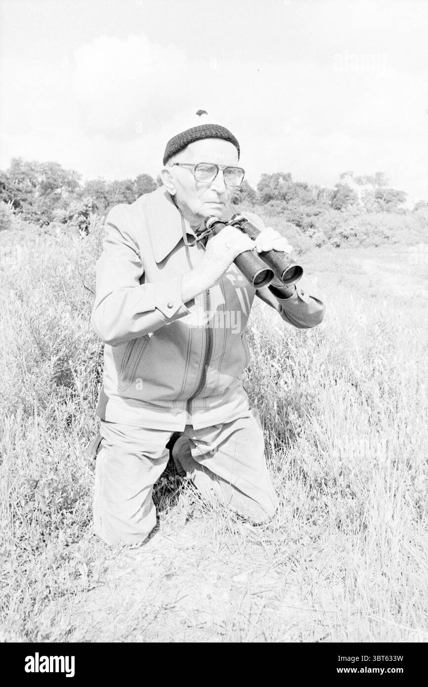 M. Strijbosch avec ornithologue dans les dunes près de Heemstede, Whizgle News, Dutch Desk, pays-Bas, 1950 - 2000 le 22-07-1978. Ce sont les éléments de l'image. La scène montre un homme âgé agenouillé sur un terrain herbeux, portant une veste de couleur claire et un pantalon rayé. Il a une casquette distincte qui semble chaude, et ses lunettes sont grandes et proéminentes, encadrant son visage et soulignant son expression curieuse. L'homme est concentré intentionnellement sur une paire de jumelles, les rapprochant de ses yeux comme s'il observait quelque chose au loin. Le paysage environnant est rempli de hautes herbes Banque D'Images