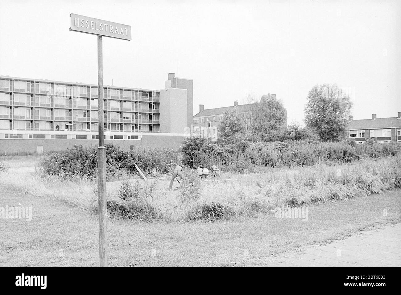 Aperçu du site IJsselstraat Beverwijk sites Beverwijk IJsselstraat pays-Bas, Whizgle News, Dutch Desk, pays-Bas, 1950 - 2000 on 07-07-1977. Ce sont les éléments de l'image. La scène capture un environnement urbain tranquille caractérisé par un mélange de verdure et de structures architecturales. Au premier plan, une parcelle de terre envahie par la végétation est évidente, remplie de hautes herbes et de diverses plantes sauvages, laissant entendre un manque d'entretien récent. Cette zone pourrait servir de jardin commun ou de parcelle oubliée en attente de revitalisation. Deux individus peuvent être vus engagés dans l'activité avec Banque D'Images