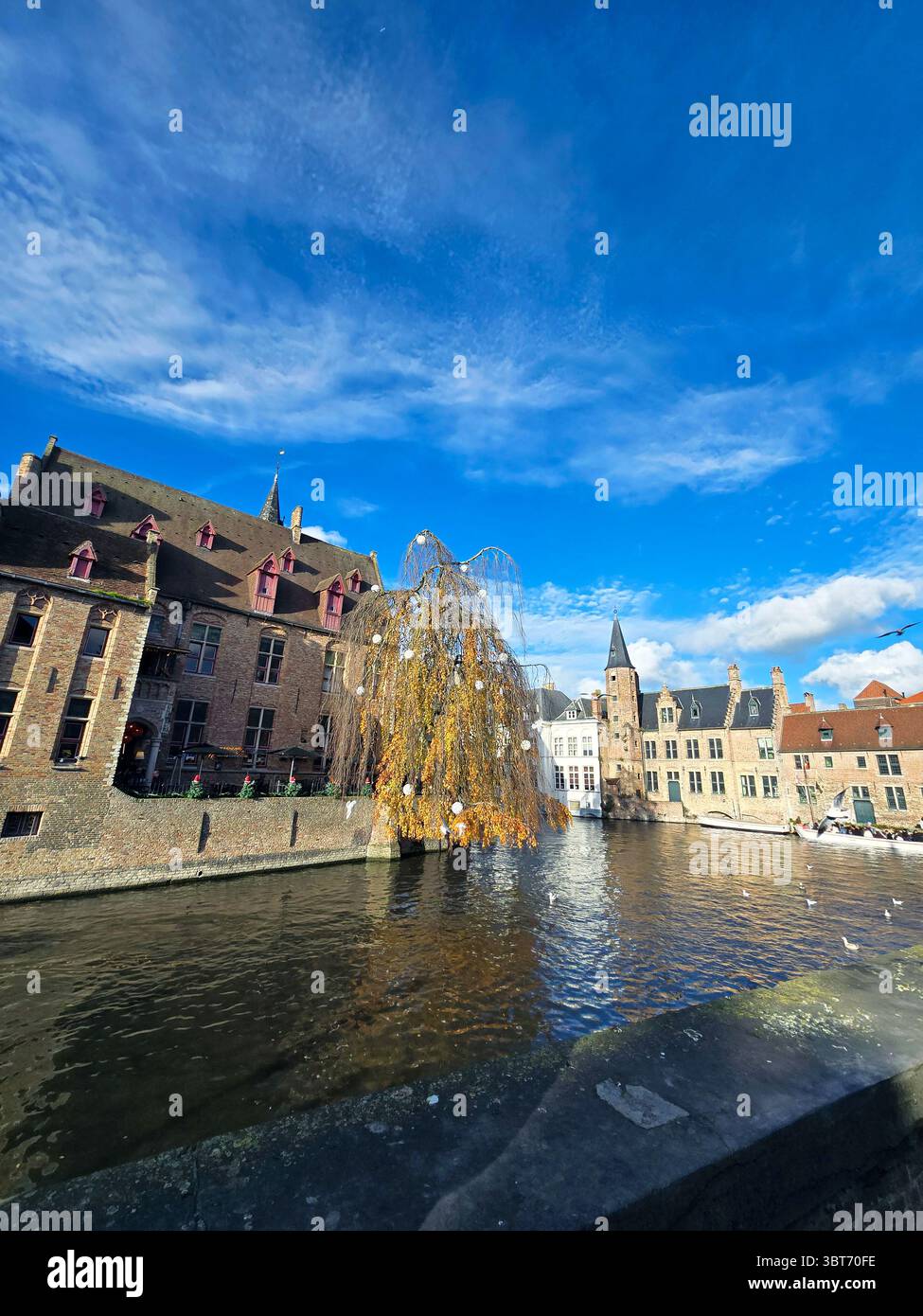 Scène paisible de canal à Bruges, en Belgique, encadrée par des arbres d'automne et des bâtiments historiques sous un ciel bleu spectaculaire. Banque D'Images Scène paisible de canal à Bruges, en Belgique, encadrée par des arbres d'automne et des bâtiments historiques sous un ciel bleu spectaculaire. Banque D'Images