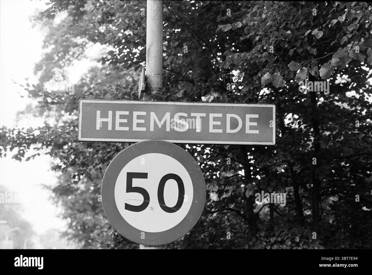 Signe Bloemendaal et Heemstede, Whizgle News, Dutch Desk, pays-Bas, 1950 - 2000 le 25-09-1994. L'image contient ces rubriques. La scène présente un environnement tranquille, caractérisé par un mélange d'éléments naturels et urbains. Un poteau métallique s'élève verticalement, supportant deux panneaux. Le signe supérieur présente une forme rectangulaire avec un design épuré et moderne, son arrière-plan une teinte vive contrastant avec un lettrage audacieux qui se démarque bien en évidence contre lui. Ci-dessous, un signe circulaire affiche une valeur numérique, indiquant une limite de vitesse, encadrée par une limite circulaire solide. Entourant les panneaux, lu Banque D'Images