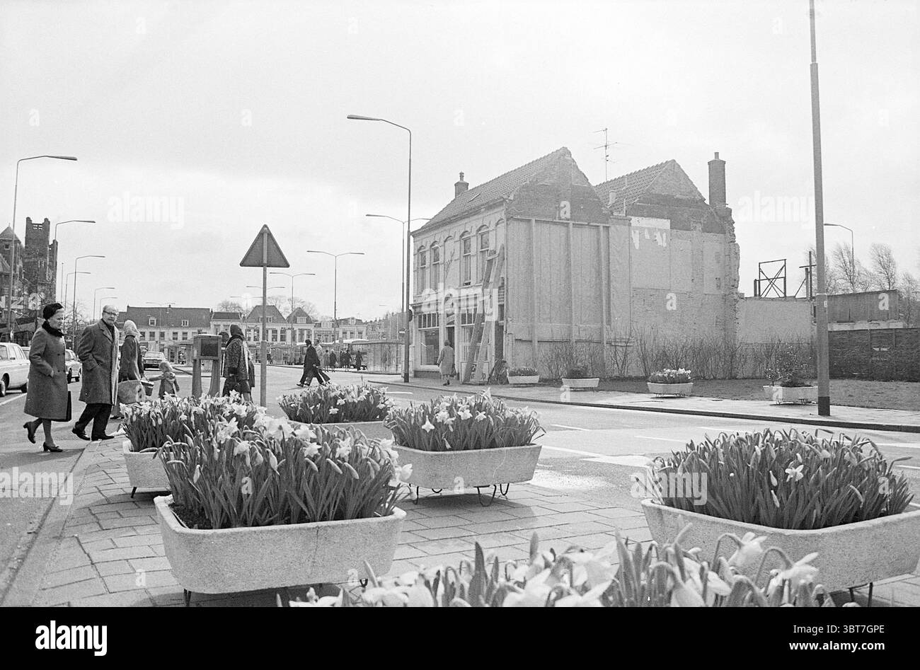 Building Stationsplein Exterior, Whizgle News, Dutch Desk, pays-Bas, 1950 - 2000 sur 05-04-1972. L'image montre ces rubriques. La scène capture un cadre urbain calme, légèrement couvert avec un ciel gris qui fait allusion à la pluie imminente. Au premier plan, de grandes jardinières rectangulaires remplies de jonquilles en fleurs apportent des éclats de jaune éclatants à la palette autrement atténuée, ajoutant une touche de vie et de luminosité à la scène. A droite, un vieux bâtiment se dresse, sa façade montrant des signes d’usure, avec de la peinture écaillée et un toit qui a connu des jours meilleurs. L'architecture présente une combinaison Banque D'Images