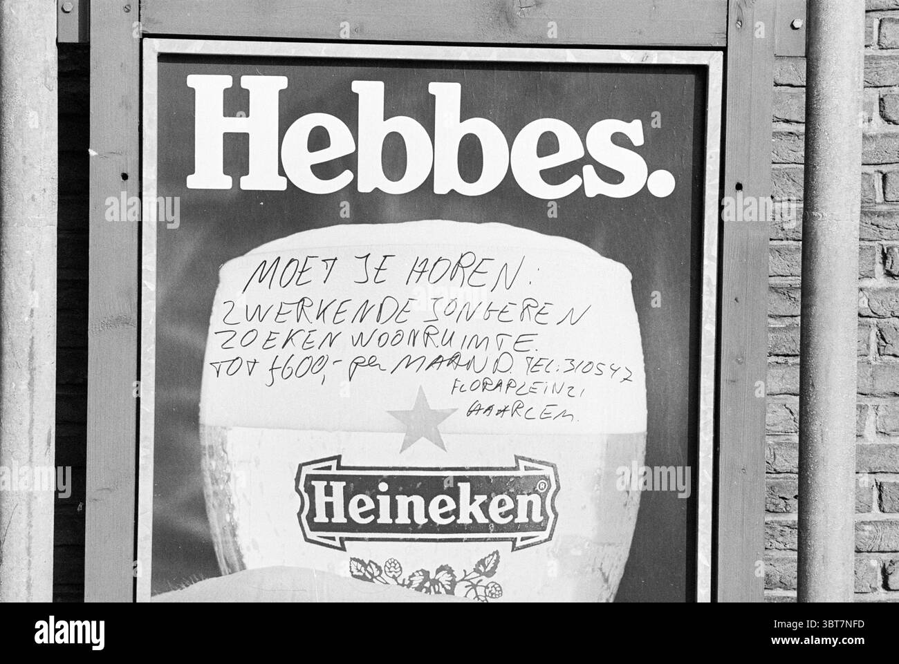 Panneau d'affichage avec signes textuels, Whizgle News, Dutch Desk, pays-Bas, 1950 - 2000 le 19-02-1980. Ces rubriques sont illustrées dans l'image. La scène capture un cadre urbain dynamique avec une publicité de premier plan. L'accent est mis sur un grand verre de bière, mettant en valeur sa tête crémeuse et son liquide doré, entouré d'un fond circulaire. Sous la bière, une étoile ludique ajoute une touche de fantaisie. Les couleurs se composent principalement de verts riches et de crèmes douces, contrastant avec la surface de brique d'où émerge la publicité. La brique affiche une teinte texturée et chaude, ajoutant de la profondeur à la scène. Le Li Banque D'Images