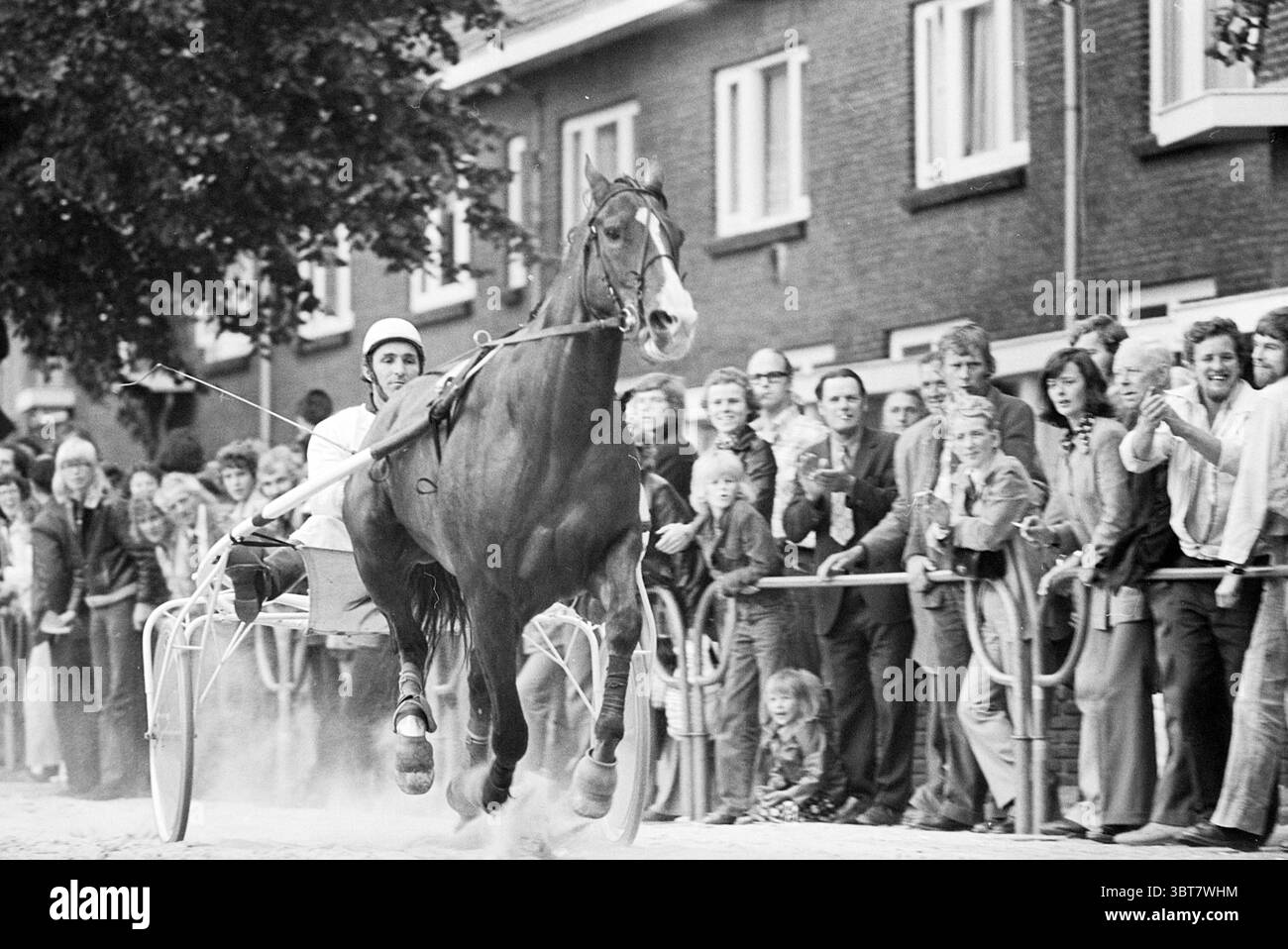 Circuit de course sur piste courte à Santpoort Santpoort, Whizgle News, Dutch Desk, pays-Bas, 1950 - 2000 en 1974. L'image inclut ces rubriques. La scène présente une course de chevaux dynamique, capturant un moment rempli d'énergie et d'excitation. A l’avant-garde, un cheval puissant avance, tirant un petit chariot dans lequel s’assoit un pilote, concentré et déterminé. Le cheval, au pelage brillant et musclé, est en plein mouvement, mettant l'accent sur sa vitesse et sa force. Autour du cheval se trouvent de nombreux spectateurs, créant une atmosphère animée. La foule est diversifiée, comprenant des individus de divers ag Banque D'Images