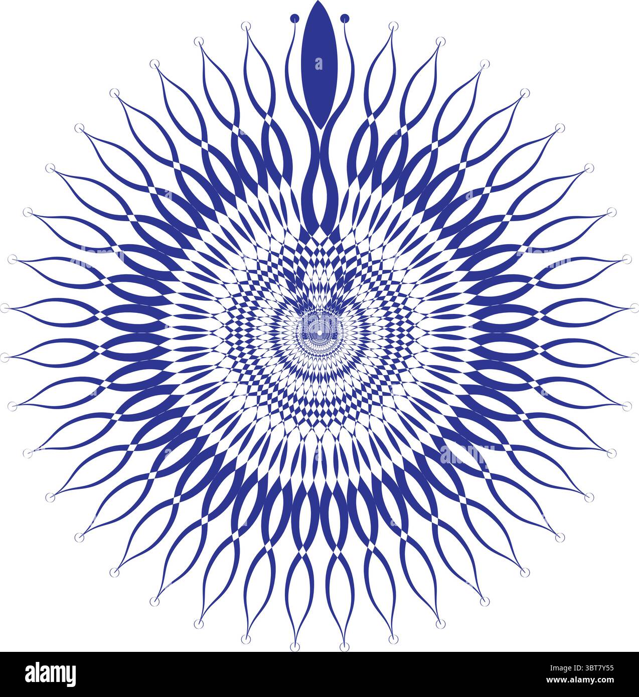 Design symétrique, complexe bleu et blanc ressemblant à un mandala avec un motif radial, avec une illusion d'optique et des formes abstraites hypnotiques sur un solide Illustration de Vecteur