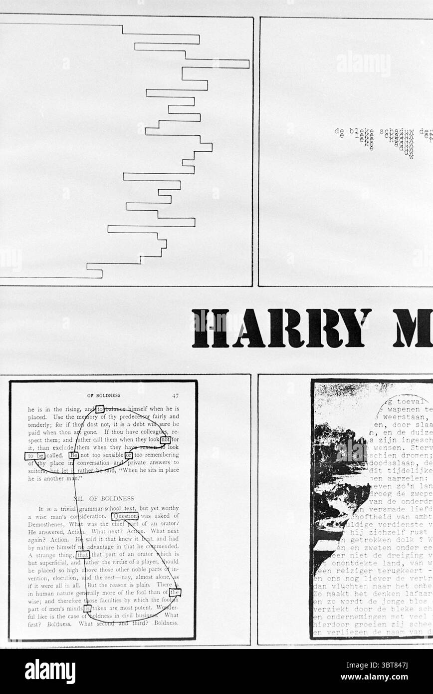 Photos de remise des diplômes CMI, Whizgle News, Dutch Desk, pays-Bas, 1950 - 2000 on 11-05-1995. L'image montre ces rubriques. Dans la scène, plusieurs sections distinctes sont présentées. Dans une partie, une série de lignes horizontales et de formes forment un design abstrait qui évoque une sensation de mouvement et de rythme. Les lignes varient en épaisseur et en espacement, suggérant une composition en couches qui capture l'œil. A côté de cela, apparaît une représentation graphique, représentant éventuellement un contour figuratif ou une forme, accentuée par ses lignes fluides et organiques. Cette section a une qualité raffinée, presque minimaliste, Banque D'Images