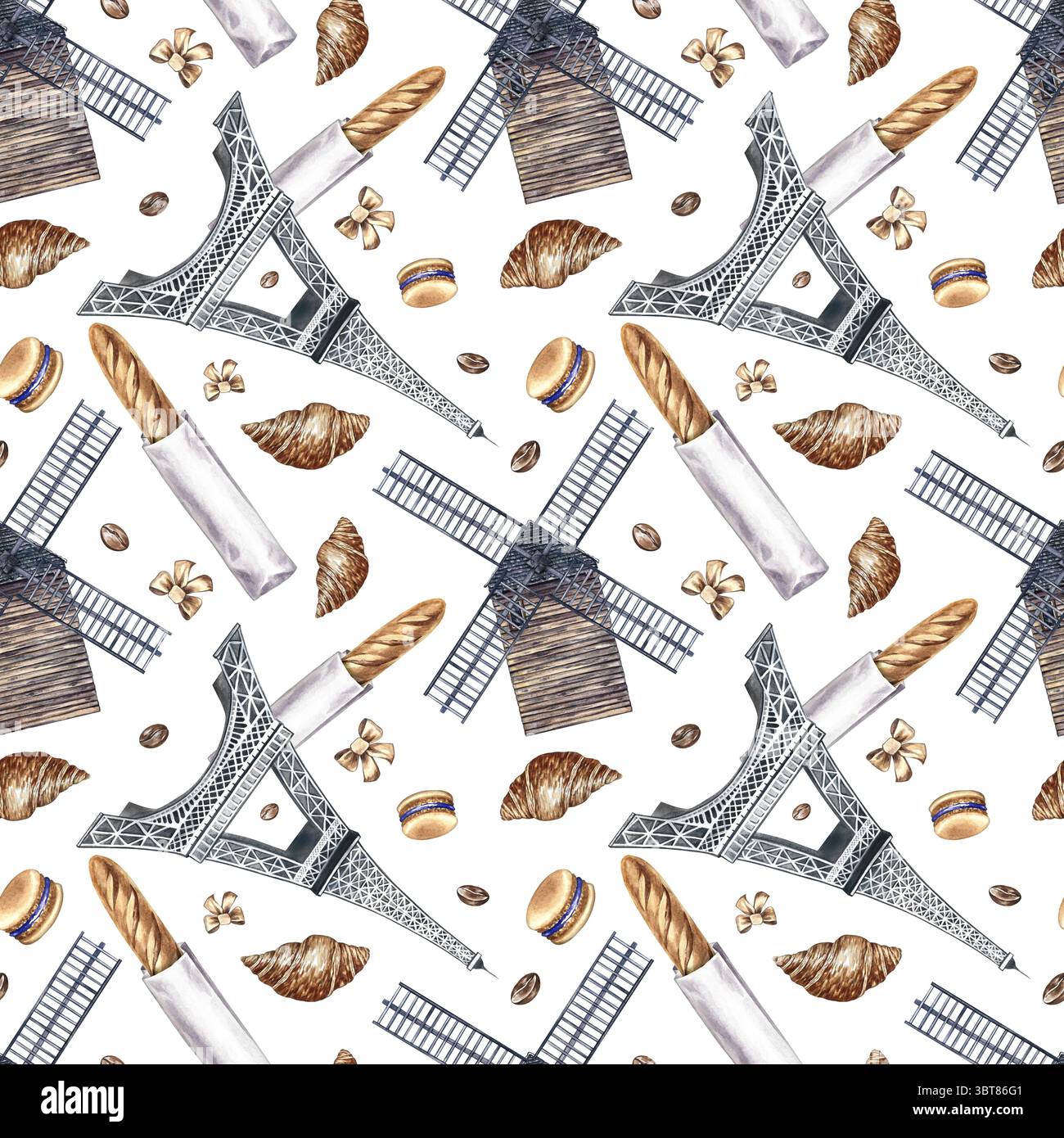 Motif sans couture avec des pâtisseries françaises. Illustration d'aquarelle dessinée à la main. Baguette française, biscuit aux amandes, croissant, Tour Eiffel et mill. Pour Banque D'Images