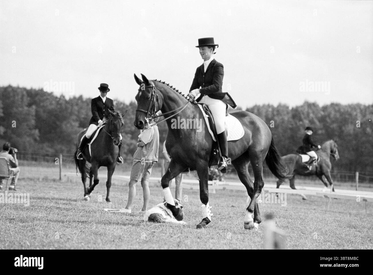 Chevaux de dressage SP'woude Spaarnwoude, Whizgle News, Dutch Desk, pays-Bas, 1950 - 2000 le 14-08-1992. L'image inclut ces rubriques. Dans la scène, plusieurs cavaliers sont élégamment perchés au sommet de leurs chevaux bien entretenus, mettant en vedette un événement équestre traditionnel. Les cavaliers sont ornés d'une tenue habillée, avec des vestes sur mesure et des chapeaux d'équitation hauts et élégants qui ajoutent à la sophistication du moment. Chaque cheval présente un manteau poli, affichant des nuances de brun profond et un éclat brillant sous l'éclairage doux et diffus qui crée une atmosphère sereine. La toile de fond révèle un f luxuriant et ouvert Banque D'Images