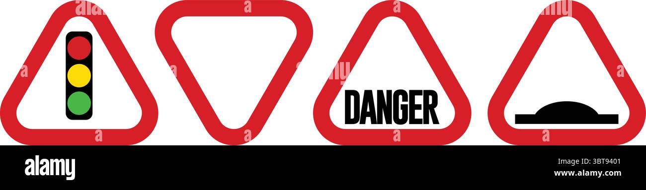 Ensemble vectoriel de panneaux d'avertissement triangulaires — symboles de danger des feux de circulation pour les travaux routiers, les dangers et la sécurité routière Illustration de Vecteur