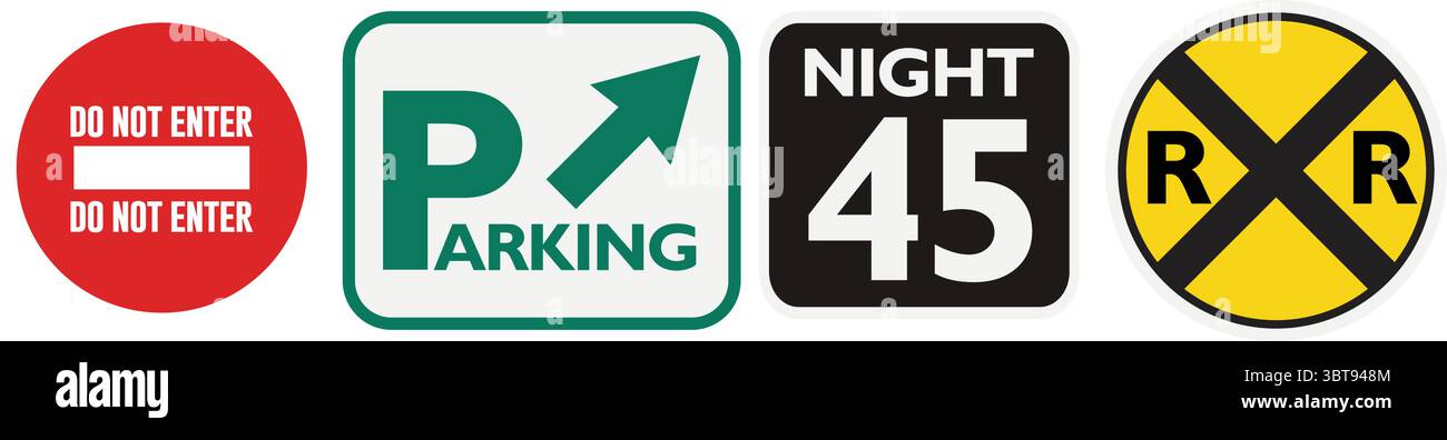 Pack vectoriel de panneaux de signalisation routière et de stationnement — direction de la circulation, arrêter la limite de vitesse de stationnement et icônes de croisement de chemin de fer Illustration de Vecteur