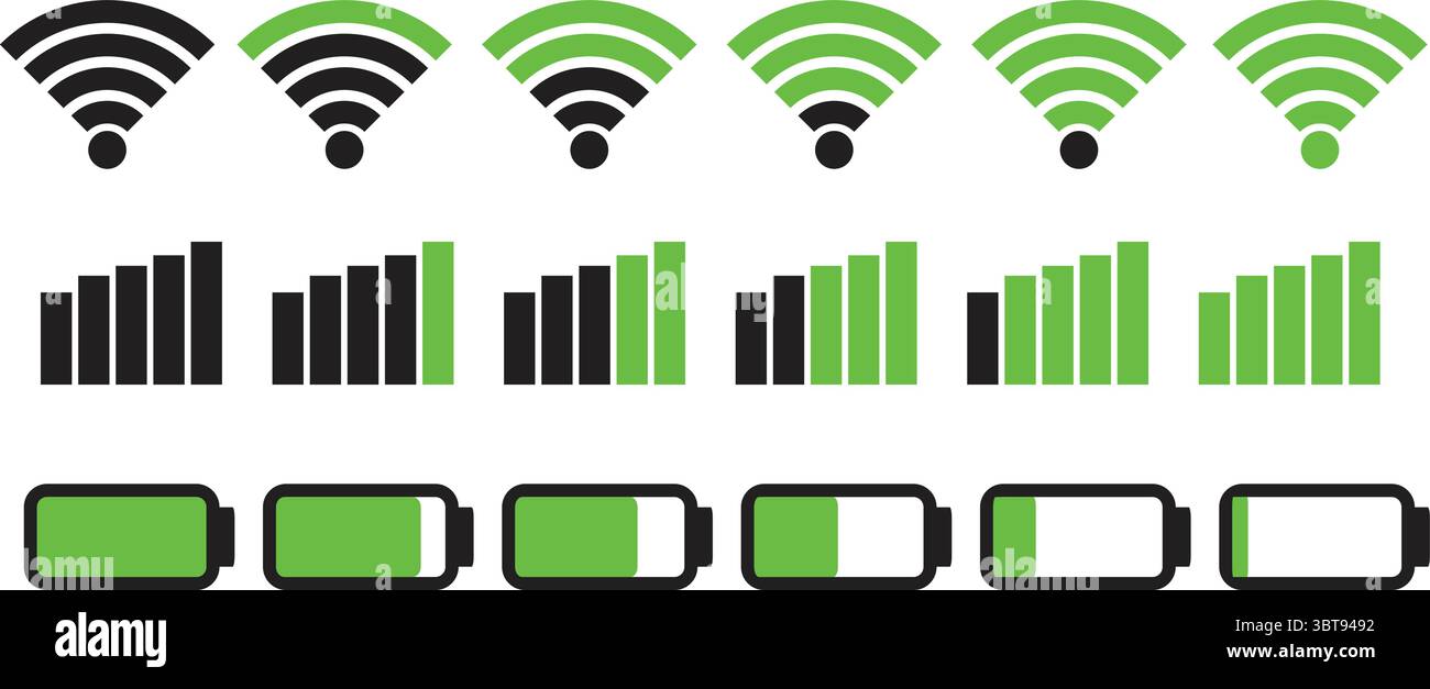 Jeu d'icônes Wi-Fi et batterie du signal mobile — graphiques vectoriels de l'indicateur d'état de la connectivité et de l'alimentation Illustration de Vecteur