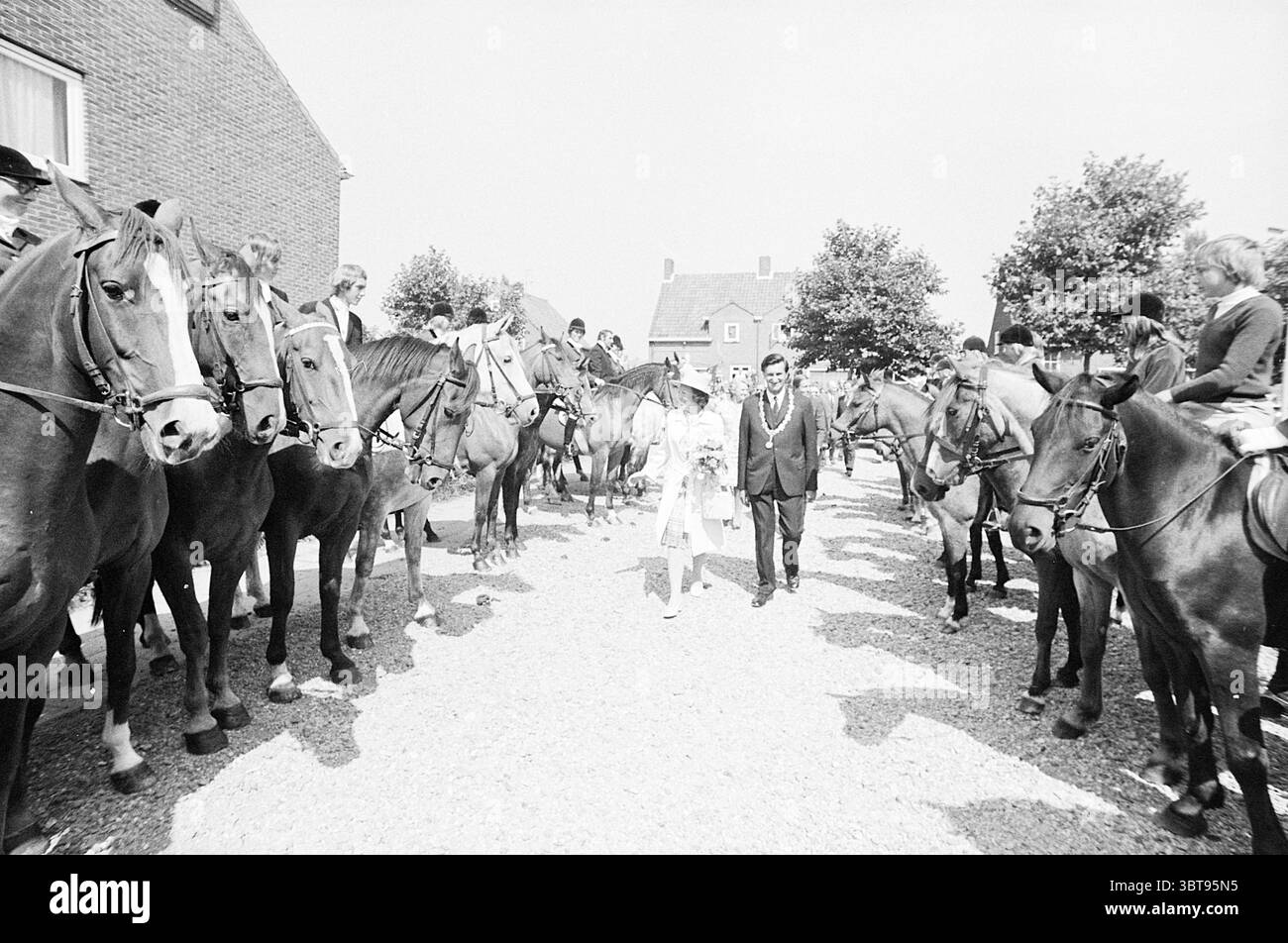 Princesse Beatrix à Nieuw-Vennep réceptions royales et visites royales, Whizgle News, Dutch Desk, pays-Bas, 1950 - 2000 le 23-08-1973. L'image montre ces rubriques. La scène présente un groupe de chevaux majestueux debout, leurs formes puissantes créant une présence visuelle saisissante. Ils sont disposés en demi-cercle, avec des cavaliers au-dessus de beaucoup d'entre eux, vêtus d'une tenue formelle, suggérant une occasion spéciale ou une célébration. Les chevaux présentent une variété de couleurs, avec des bruns riches, des noirs profonds et des gris clairs, leurs manteaux élégants chatoyant doucement dans la lumière du soleil. Au centre de la scène, un cou Banque D'Images