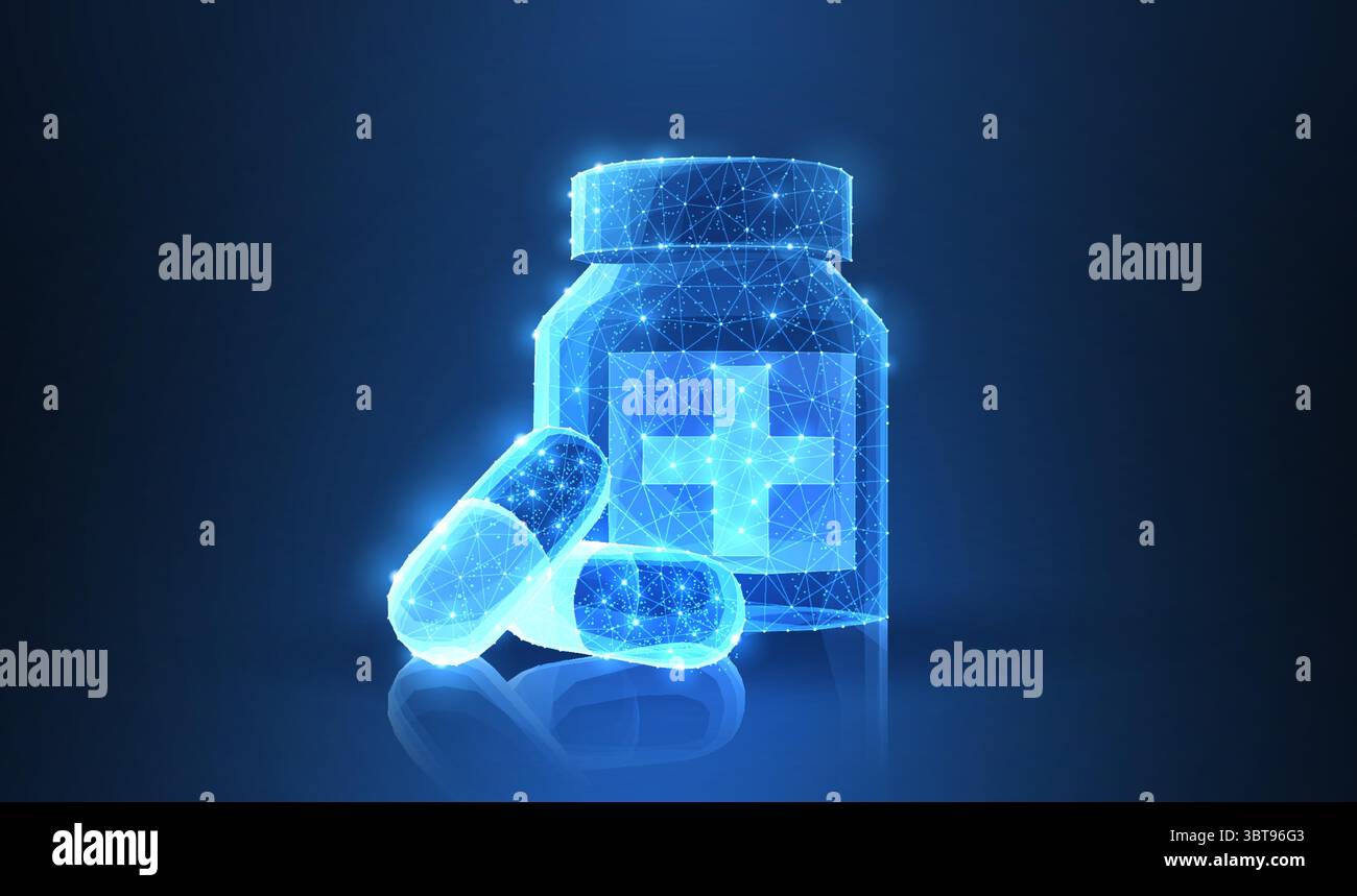 Pilules. Abstrait 3d polygonal filaire deux pilules de capsule près du fond bleu de bouteille avec des points et des étoiles. Illustration de Vecteur