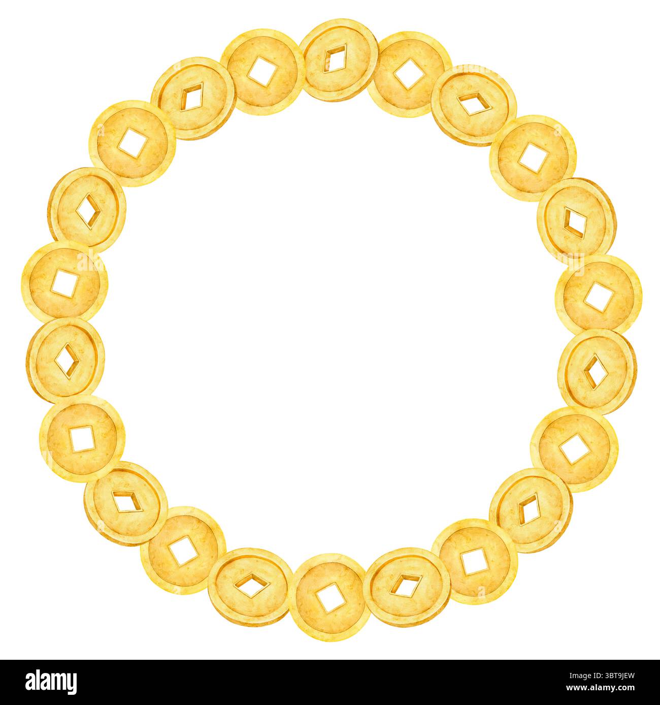 Couronne ronde peinte à la main faite de vieilles pièces d'or chinoises avec des trous carrés. Illustration aquarelle isolée sur blanc. Idéal pour les designs à thème de l'argent, Banque D'Images