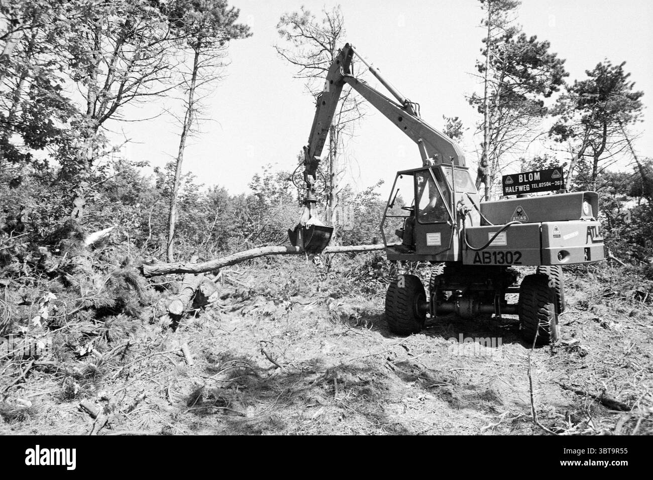 Rapport Duin en Kruidberg Report, Whizgle News, Dutch Desk, pays-Bas, 1950 - 2000 sur 08-06-1973. L'image contient ces rubriques. Dans un environnement extérieur accidenté, un véhicule de machinerie lourde est engagé dans des opérations de défrichement au milieu d'une zone boisée. La machine, caractérisée par un long bras hydraulique, est prête à soulever une branche d'arbre tombée avec son grand accessoire en forme de griffe. La palette de couleurs est monochrome, avec des nuances de gris, soulignant les contrastes entre le véhicule et son environnement. La toile de fond présente un arrangement clairsemé d'arbres, certains avec des branches noueuses et clairsemés Banque D'Images
