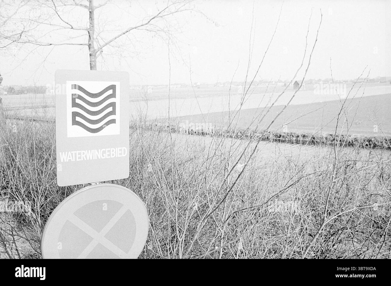 Panneau 'Water extraction Area' Hillegom' panneaux, Whizgle News, Dutch Desk, pays-Bas, 1950 - 2000 le 01-04-1976. Ce sont les éléments de l'image. La scène présente un paysage tranquille dominé par un plan d'eau qui s'étend au loin, offrant un sentiment d'ouverture et de calme. Le premier plan comprend un panneau de signalisation, dont la conception suggère une série de lignes ondulées, rappelant l'eau ondulée. Ce signe, accompagné d'un symbole circulaire suggérant une interdiction, crée un contraste avec l'environnement naturel. Autour du panneau se trouvent des branches clairsemées et sans feuilles qui ajoutent un touc Banque D'Images