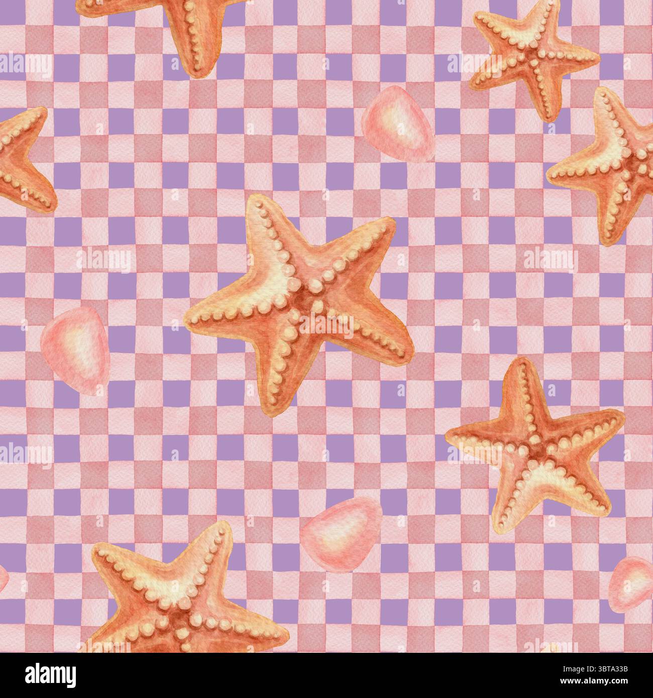 Motif sans couture étoile de mer sur fond à carreaux dans le style aquarelle. Motif aquatique rose et violet avec texture pinceau. Parfait pour le textile d'été Banque D'Images