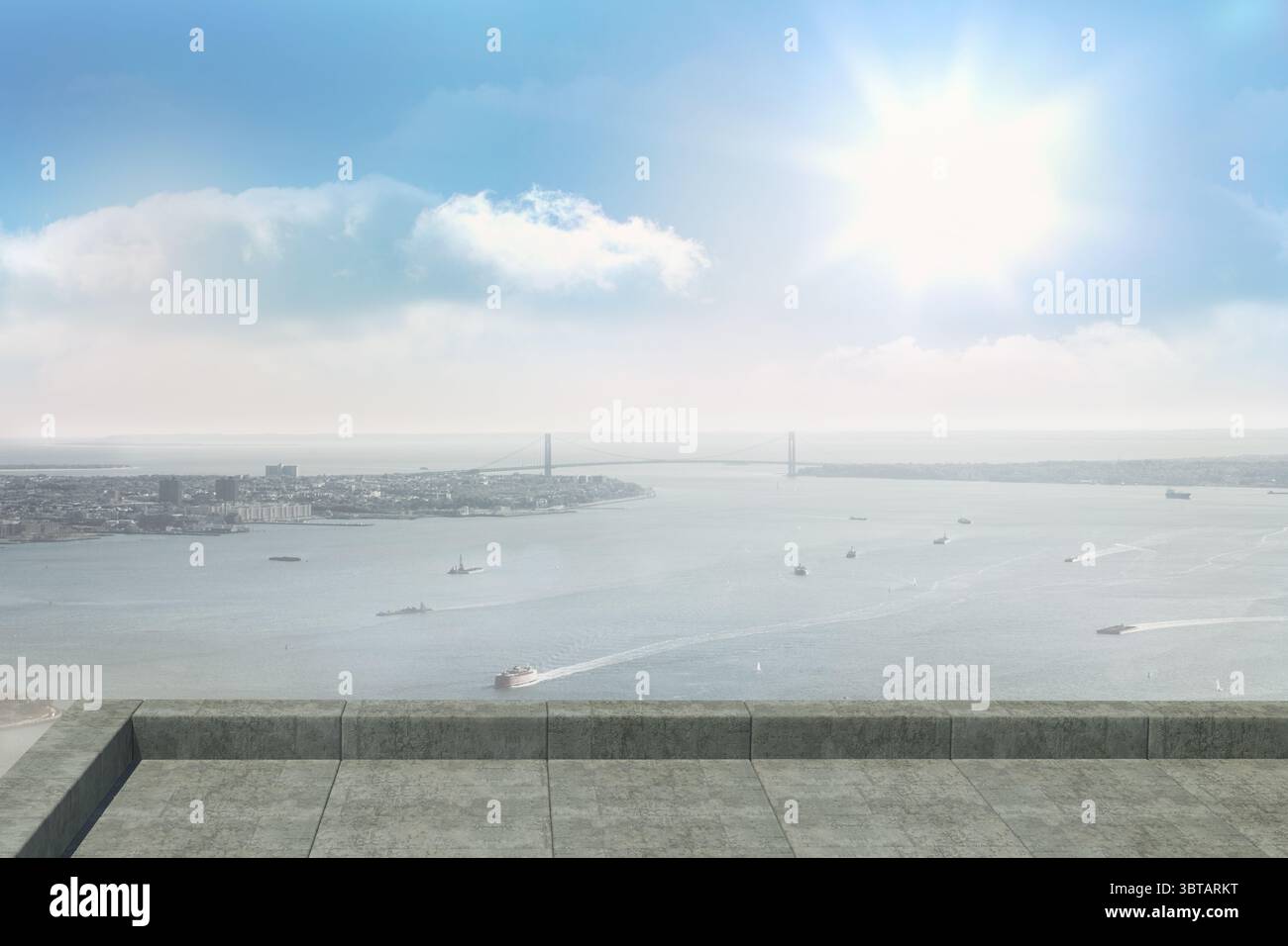 La conception plate montre une terrasse en pierre carrelée avec parapet donnant sur la mer avec des bateaux et un pont Banque D'Images