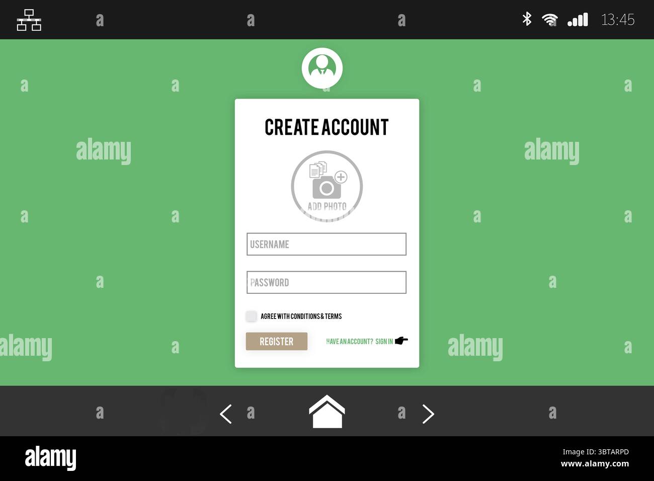 Affichage rectangle plat créer un formulaire de compte sur vert avec avatar, champs, contrôles et icônes système Banque D'Images