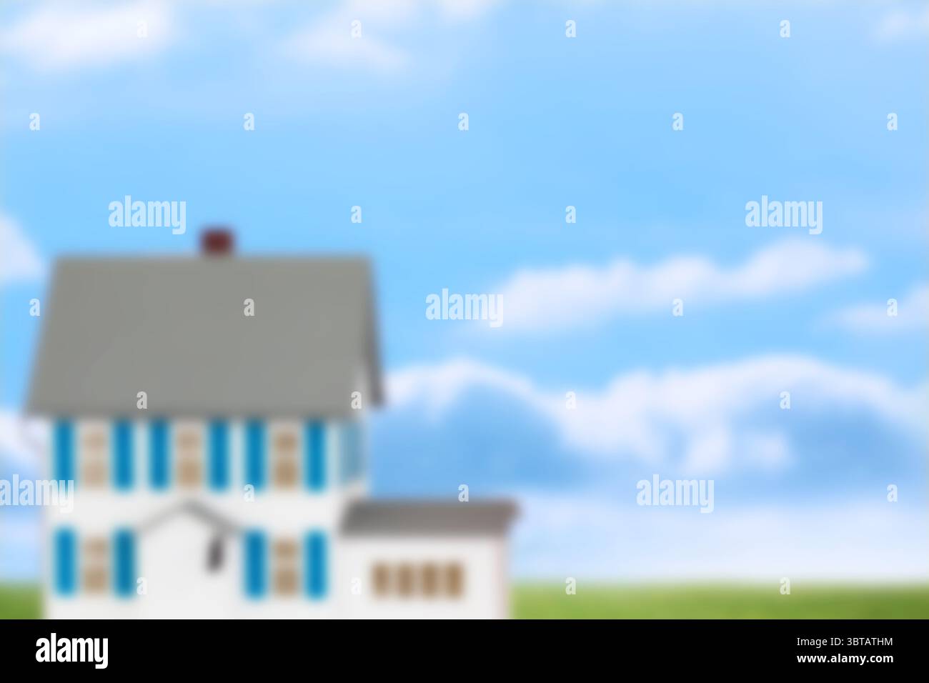 Maison de conception plate est doté de toit gris volets bleus garage cheminée sur l'herbe sous les nuages Banque D'Images