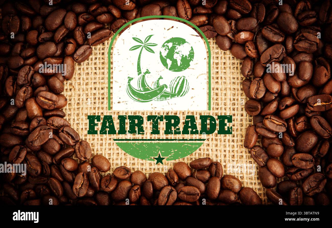 Le logo du commerce équitable est affiché dans un style plat sur la toile de jute, avec l'emblème d'encadrement des grains de café Banque D'Images