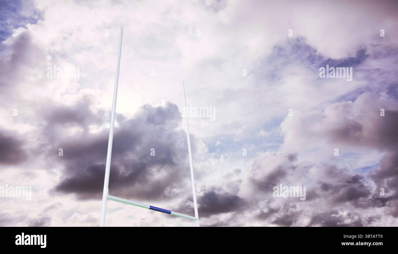 Le poteau de but blanc se tient debout contre un ciel nuageux spectaculaire dans un design plat avec des rayures vertes et bleues Banque D'Images