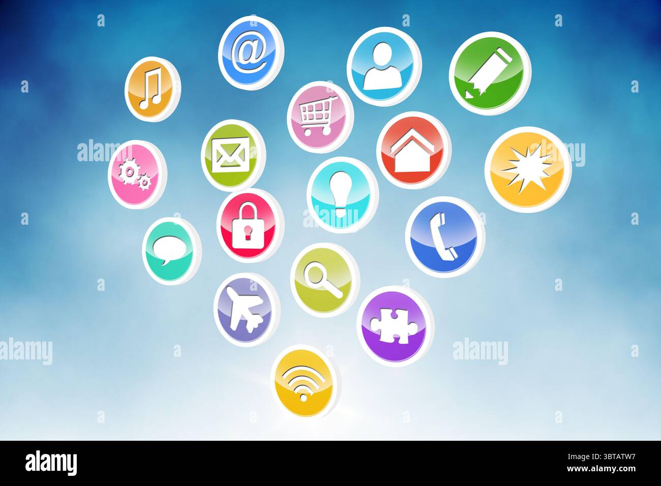 Les icônes de service de conception plate flottent en forme de cœur sur fond dégradé bleu à blanc Banque D'Images