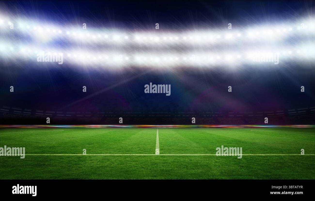 Les projecteurs de stade éclairent le terrain d'herbe dans un design plat avec une ligne centrale blanche et des stands Banque D'Images