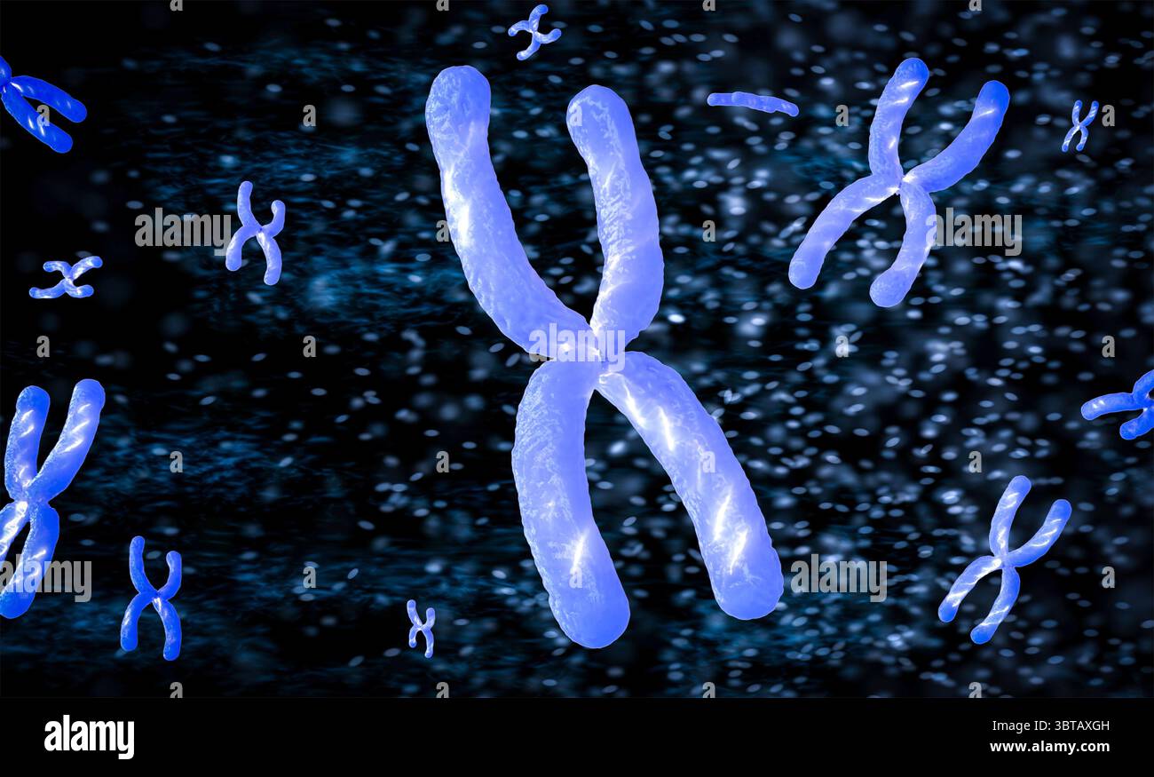 3d rendu violet chromosome x au microscope Banque D'Images
