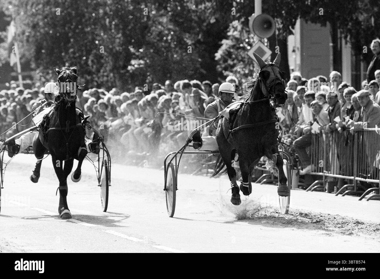 Course sur piste courte lisse et atmosphère trotting lisse, Whizgle News, Dutch Desk, pays-Bas, 1950 - 2000 le 25-09-1986. Ce sont les éléments de l'image. La scène capture un moment exaltant lors d'une course de chevaux, où deux chevaux sont en avant-plan. Les deux chevaux sont attelés à des sulkies, qui sont des charrettes légères à deux roues conçues pour la course. Les chevaux, l’un sombre et l’autre légèrement plus léger, sont en plein galop, mettant en valeur la force et la vitesse de ces animaux majestueux. La poussière et la saleté sont éjectées du sol sous leurs sabots, ajoutant un e dynamique Banque D'Images