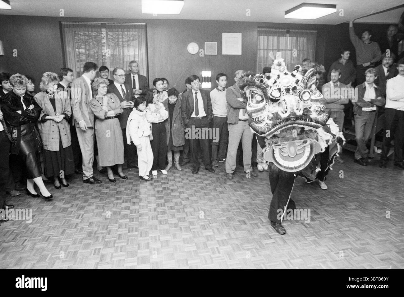 Dragon chinois à la réception de HR. Hartenveld police, Whizgle News, Dutch Desk, pays-Bas, 1950 - 2000 on 11-11-1987. Voici les rubriques de l'image. La scène se déroule dans un espace intérieur animé, probablement une salle communautaire ou un lieu similaire avec un plancher en bois qui a un motif à carreaux. L'éclairage est lumineux mais doux, projetant une lueur chaude sur la pièce. Au premier plan, un artiste vêtu d'un costume de dragon vibrant est en mouvement, apportant énergie et excitation à la réunion. La tête du dragon est richement ornée de couleurs vives – rouge, or et noir – dégageant un sentiment de fête et Banque D'Images