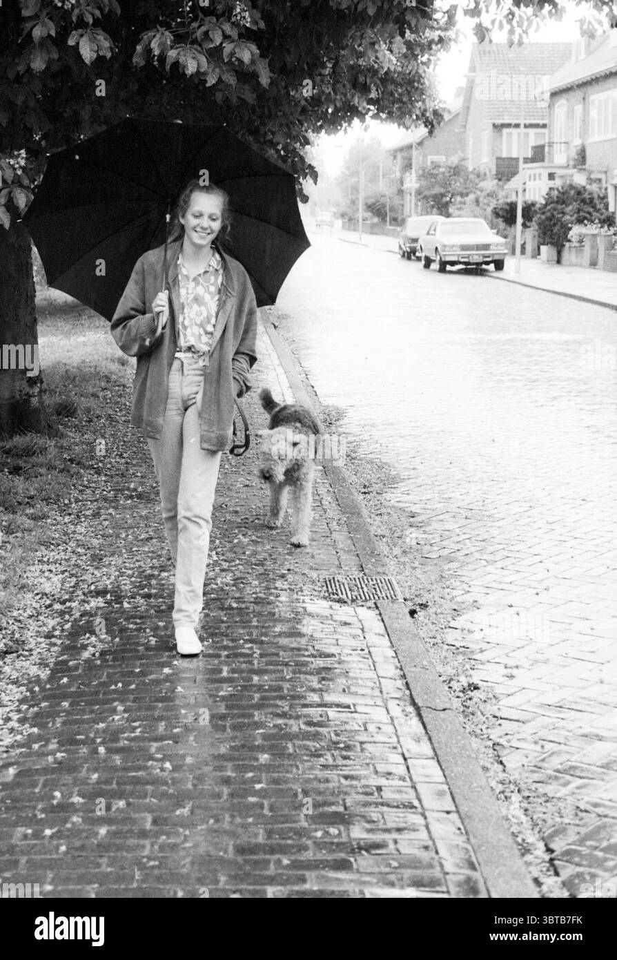 Quartier en vue : 'L'île' quartiers Haarlem pays-Bas, Whizgle News, Dutch Desk, pays-Bas, 1950 - 2000 on 25-05-1981. L'image montre ces rubriques. Dans une scène urbaine pittoresque et discrète, trempée dans le doux motif de pluie, une jeune femme marche le long d'un trottoir pavé humide, ses pas légers et insouciants. Elle porte un parapluie fermé, orné d'une riche teinte noire qui contraste exquis avec son chemisier floral de couleur pastel, qui apporte une touche de luminosité à l'atmosphère autrement grise. Son Jean décontracté de couleur claire et ses baskets blanches complètent le look, créatine Banque D'Images