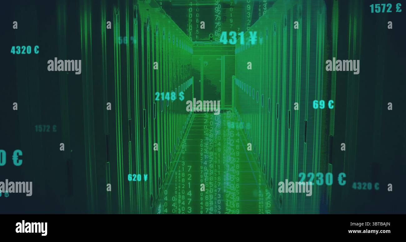 Racks de serveurs lumineux bordant l'allée du centre de données avec des lumières LED, un code de diffusion et des symboles d'argent Banque D'Images