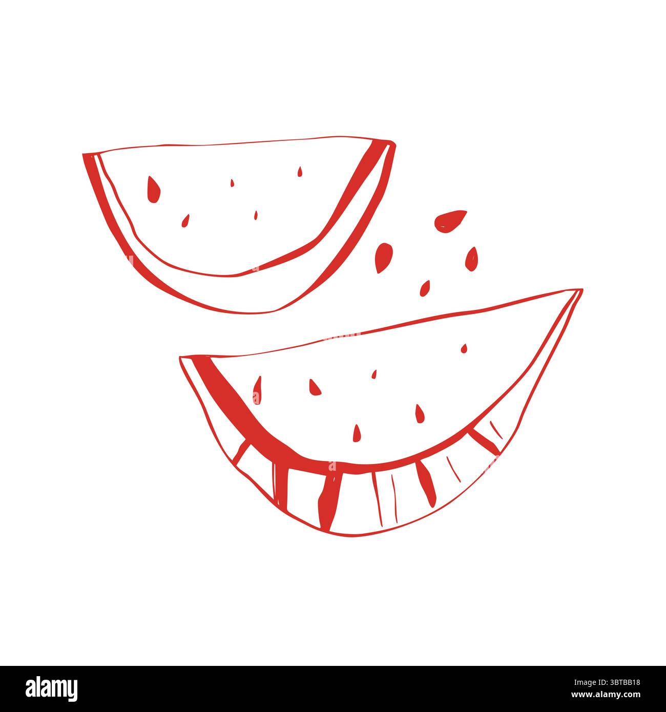 Esquisse minimale de tranche de pastèque avec des graines dans le style doodle dessiné à la main sur fond blanc Illustration de Vecteur