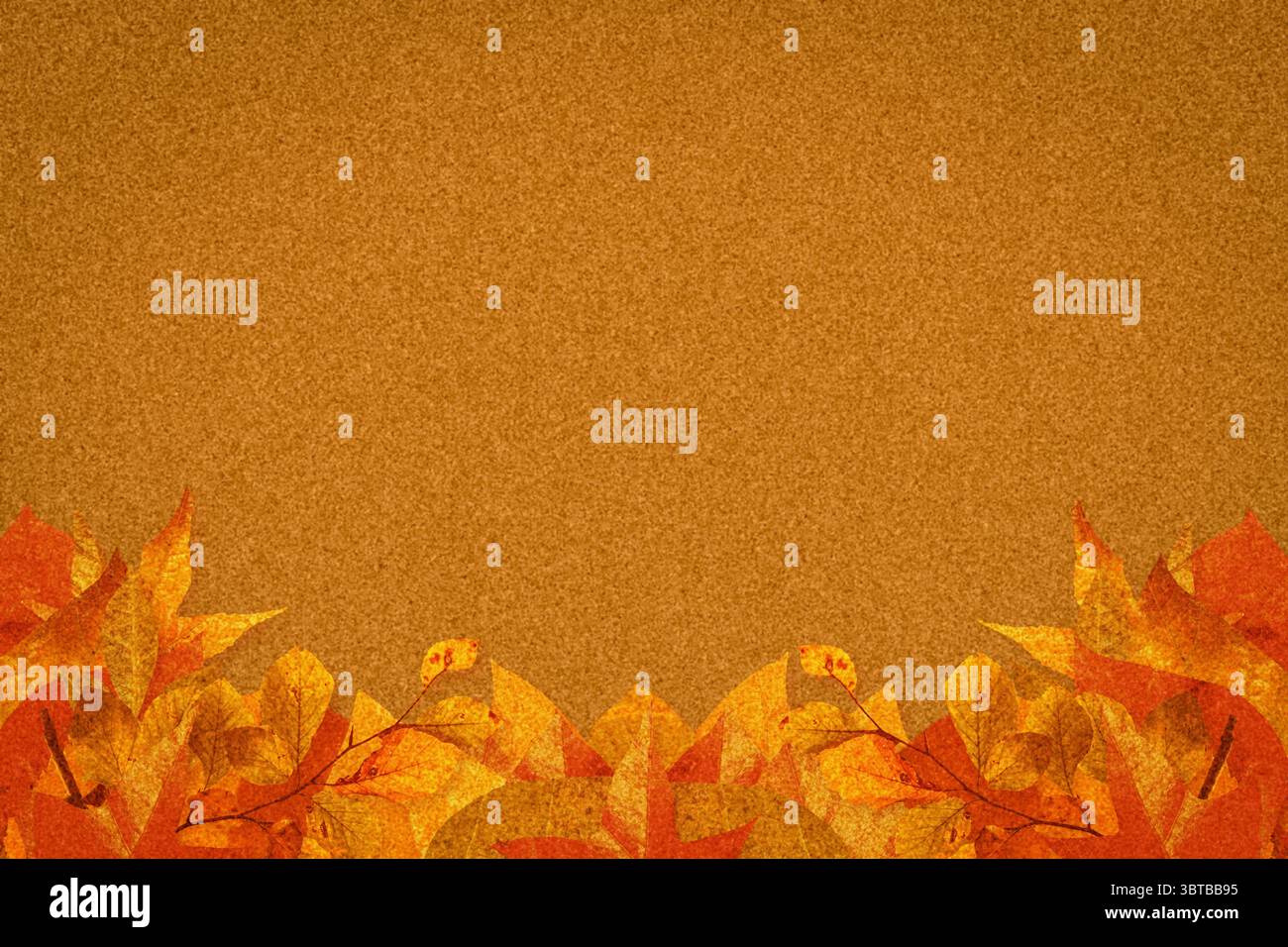 La bordure de feuillage d'automne encadre une toile de fond orange brûlé marbré dans un style plat Banque D'Images