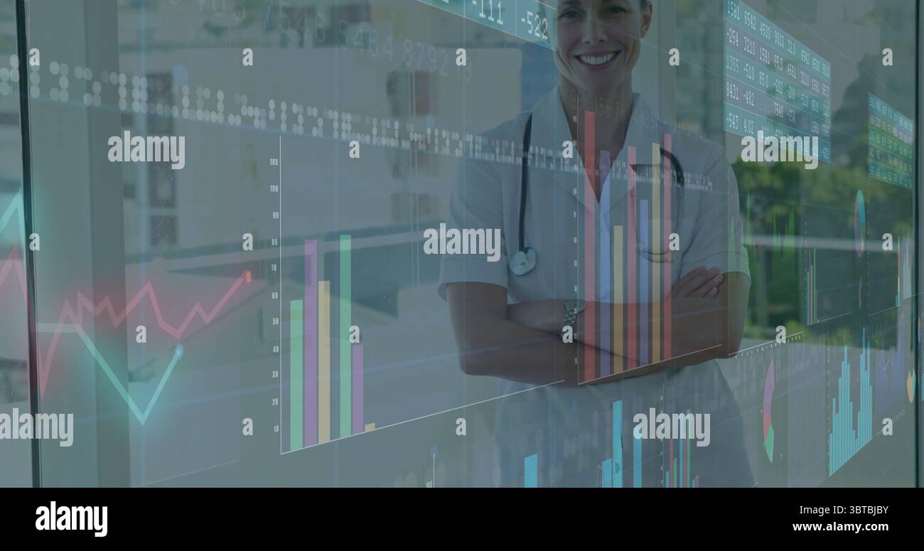 Infirmière debout en gommage avec stéthoscope croisant les bras à la clinique, graphiques de données, espace de copie Banque D'Images