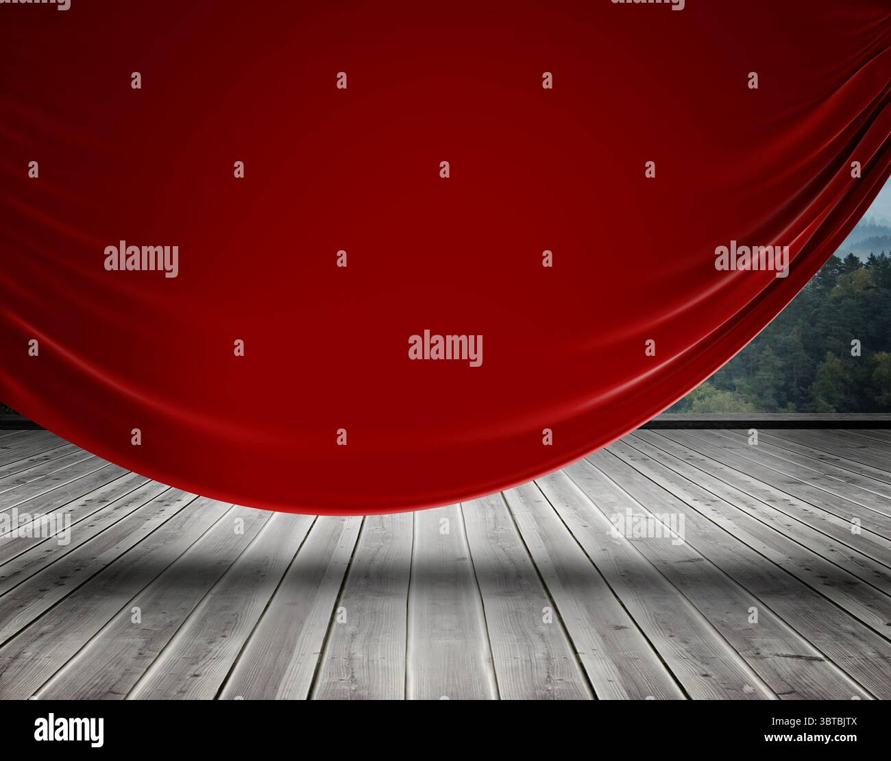 Le rideau de velours rouge se drape sur la scène de design plat, révélant le plancher en bois et la colline boisée Banque D'Images