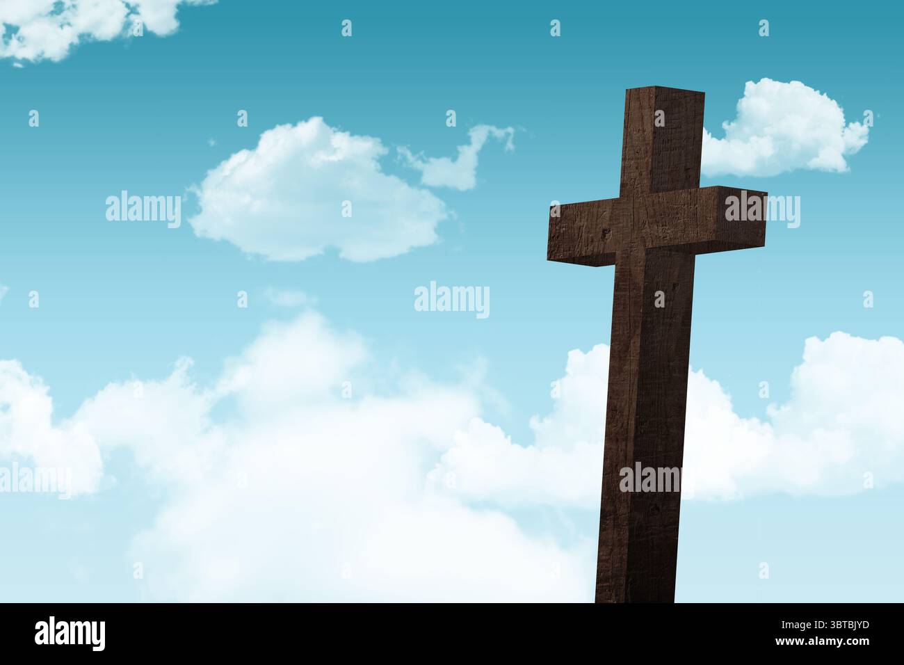 La croix en bois brun foncé se tient contre un ciel bleu vibrant avec des nuages blancs moelleux, un design plat Banque D'Images