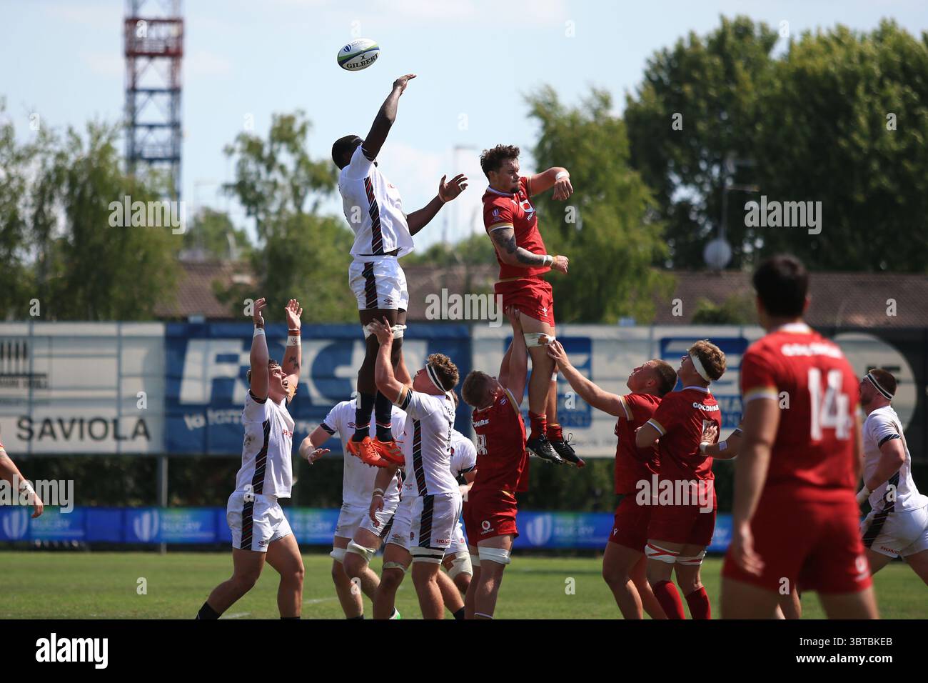 Viadana, Italie. 14 juillet 2025. Joueur de l'Angleterre lors du championnat du monde de rugby U20 entre l'Angleterre et le pays de Galles au stade Zaffanella, Viadana, Italie. (Crédit : Federico Zovadelli/Alamy Live News) Banque D'Images