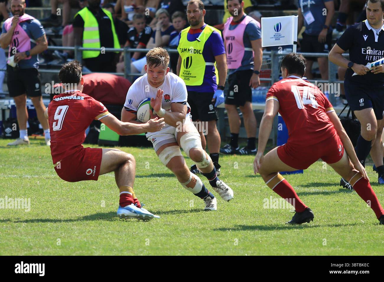 Viadana, Italie. 14 juillet 2025. Le joueur anglais Samuel Williams lors du championnat du monde de rugby U20 entre l'Angleterre et le pays de Galles au stade Zaffanella, Viadana, Italie. (Crédit : Federico Zovadelli/Alamy Live News) Banque D'Images