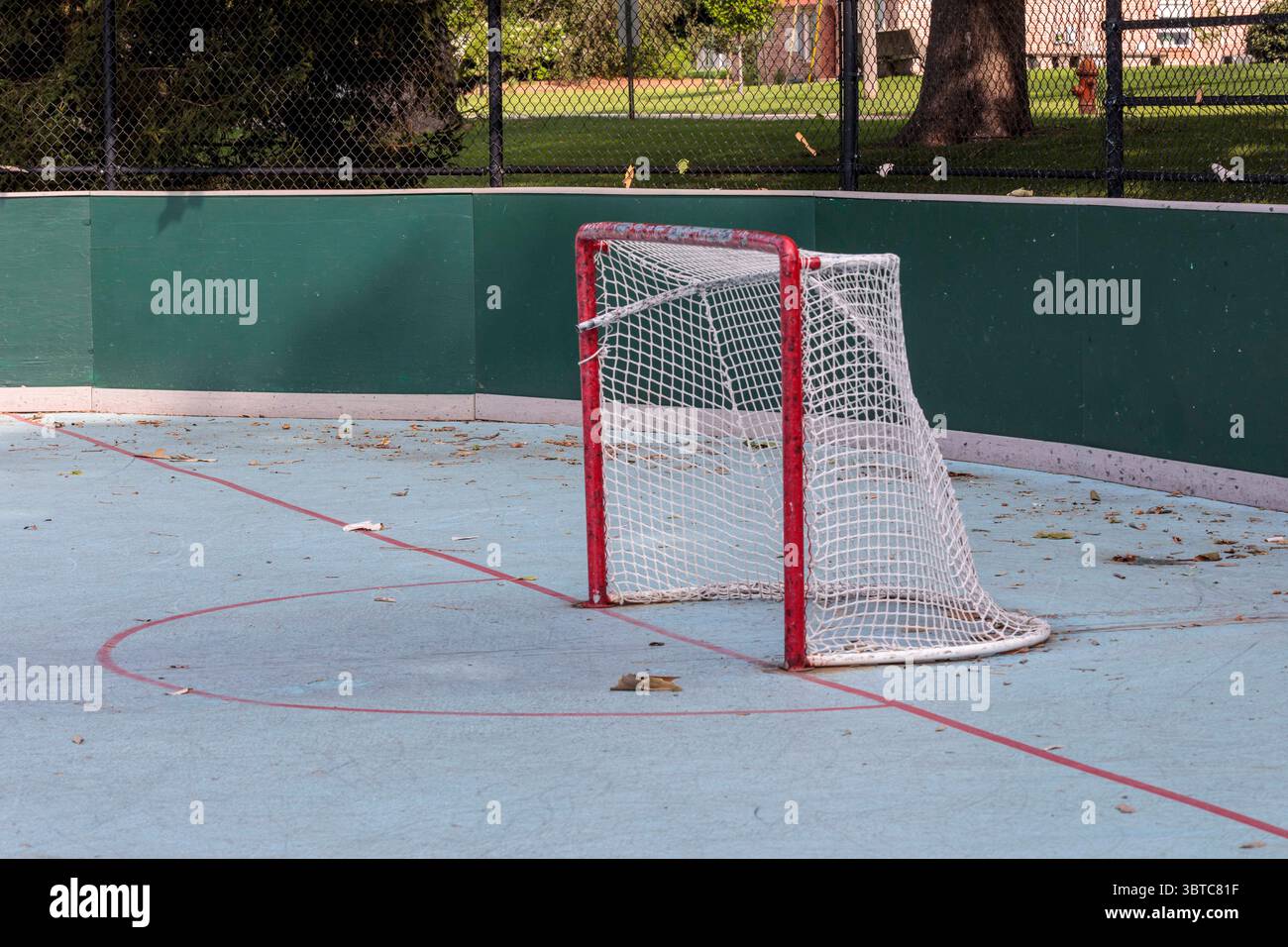le but de la patinoire en ligne assis à sa place à l'extrémité ombragée de la patinoire Banque D'Images
