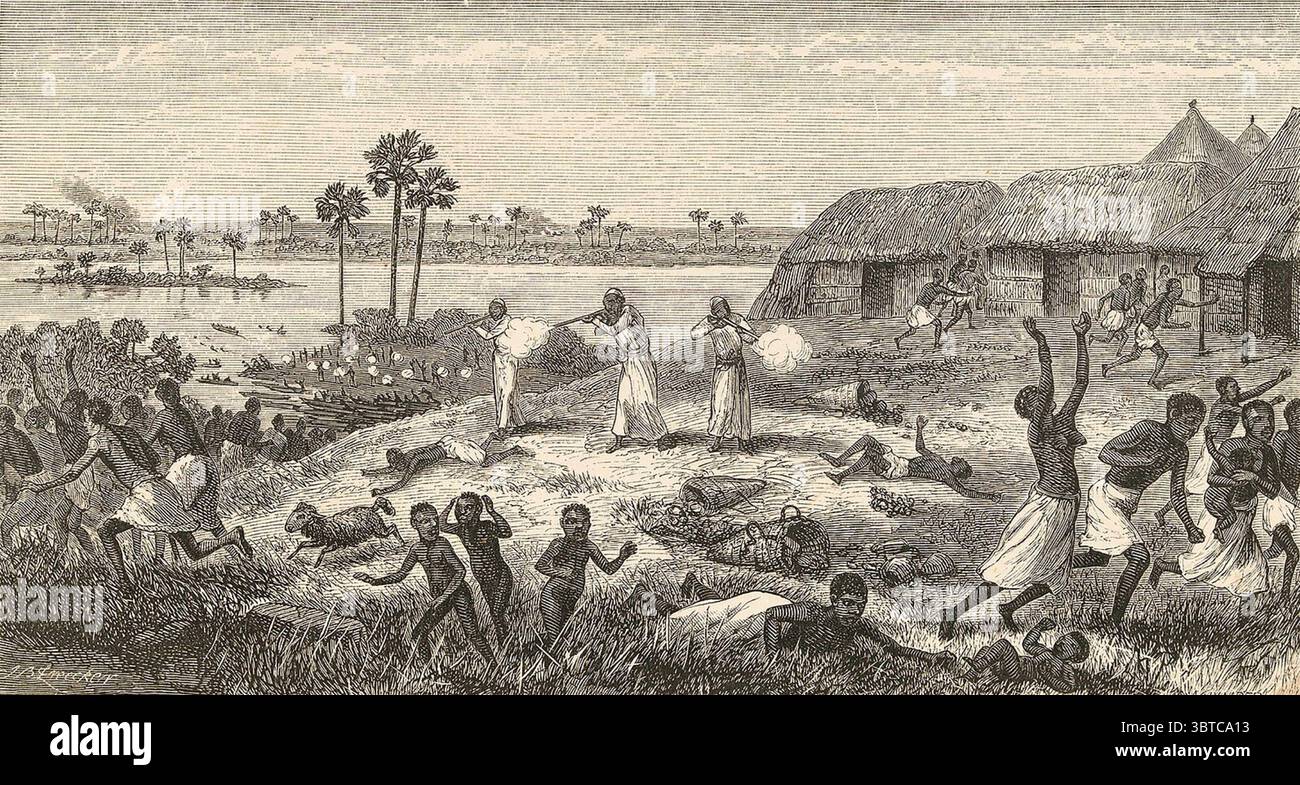 DES ESCLAVAGISTES ARABES tirent sur des femmes et des enfants au marché de Nyangwe, dans ce qui fait maintenant partie de la République démocratique du Congo, en 1871, selon les derniers journaux de David Livingstone. Notez la rivière Lualaba en arrière-plan qui a permis le transport facile des marchandises et des esclaves. Banque D'Images